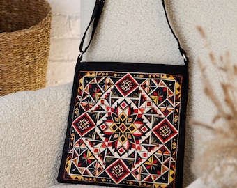 Canvas Tote Bag Ukrainian Taystra Bag Folk Style Unique Women Bag Eco Bag with Zipper Boho Crossbody Bag Shoulder Bag Gift for Wife