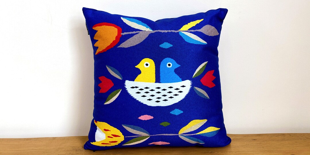 Ukrainian Blue Bird Pillow Set Velvet Pillow Case Floral Pillow Case