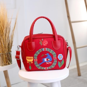 Red Folk Art Velvet Handbag: Vegan Leather Boho Shoulder Bag