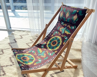 Silla plegable de jardín con estampado folclórico: Silla de salón de estilo bohemio para patio.
