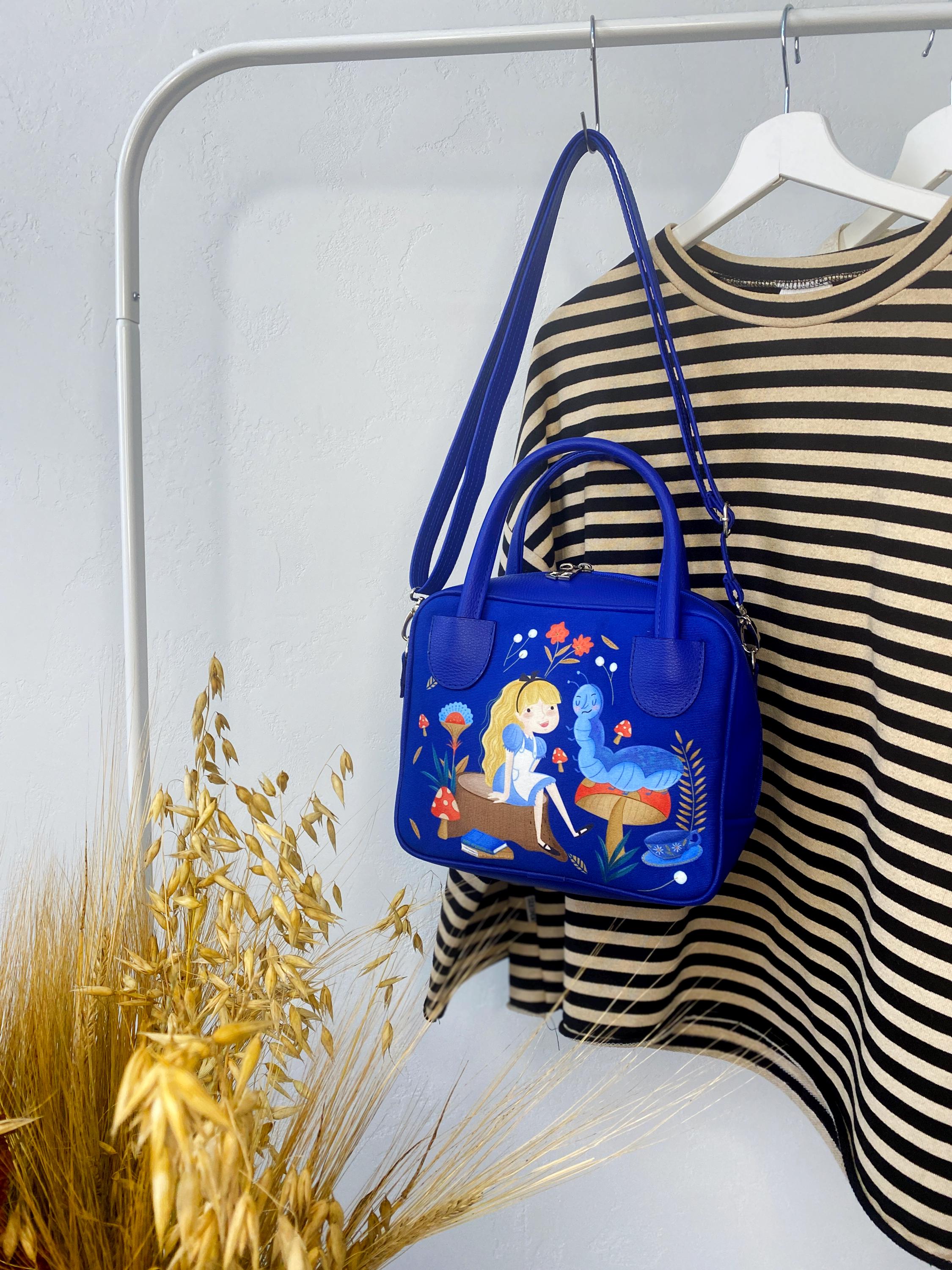 Cute Small Crossbody Bag, Blue Art Bag for Sister, Vegan Leather Bag, Eco Leather City Bag with Zipper, Boho Shoulder Bag Faux-leather Purse