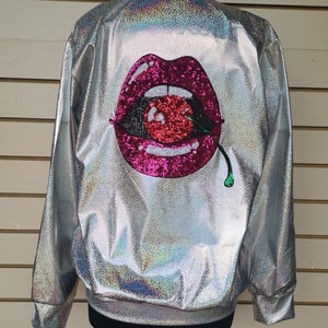 Silver Holographic Jacket with Sequin Covered Cherry in Mouth Motiv Festival outfit