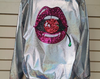 Silver Holographic Jacket with Sequin Covered Cherry in Mouth Motiv Festival outfit