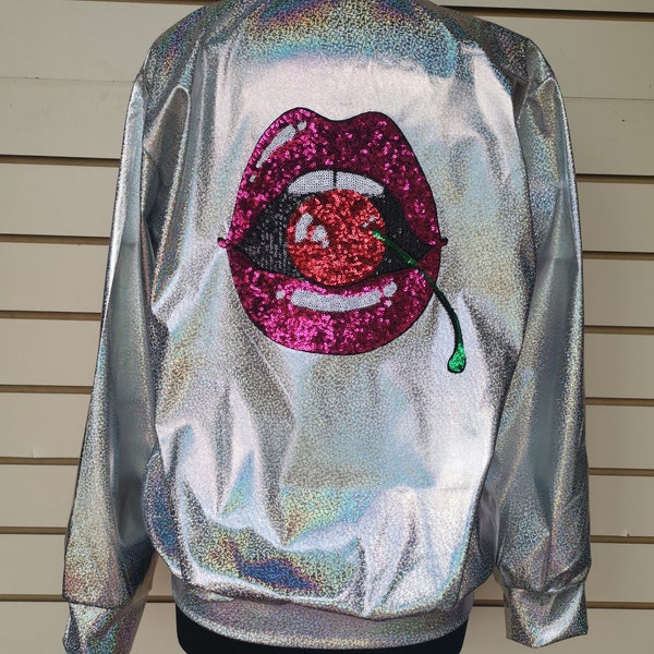 Silver Holographic Jacket with Sequin Covered Cherry in Mouth Motiv Festival outfit