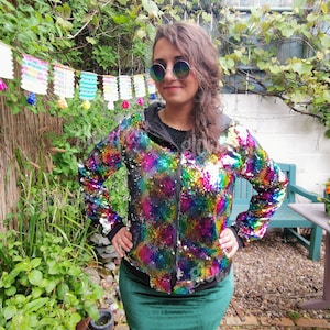 Sequin Hoodie Bomber Jacket Festival Clothing UK Hoody Rainbow Multicoloured Sparkly