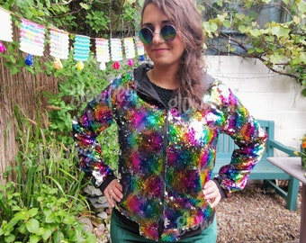Sequin Hoodie Bomber Jacket Festival Clothing UK Hoody Rainbow Multicoloured Sparkly