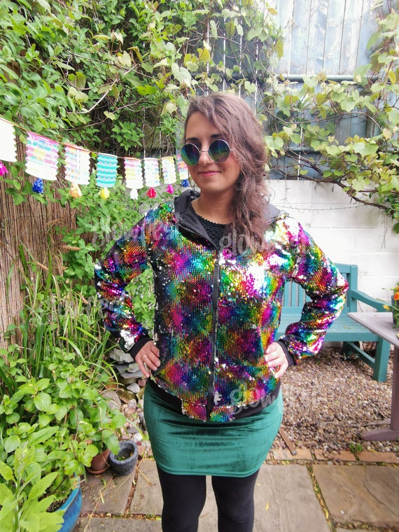 Sequin Hoodie Bomber Jacket Festival Clothing UK Hoody Rainbow