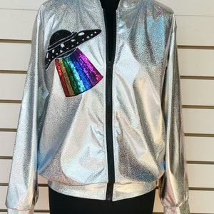 Silver Holographic Jacket with Sequin Spaceship Motiv Festival outfit