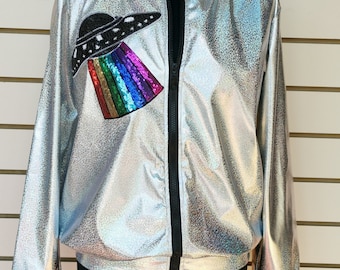 Silber Holographische Jacke mit Pailletten Spaceship Motiv Festival Outfit