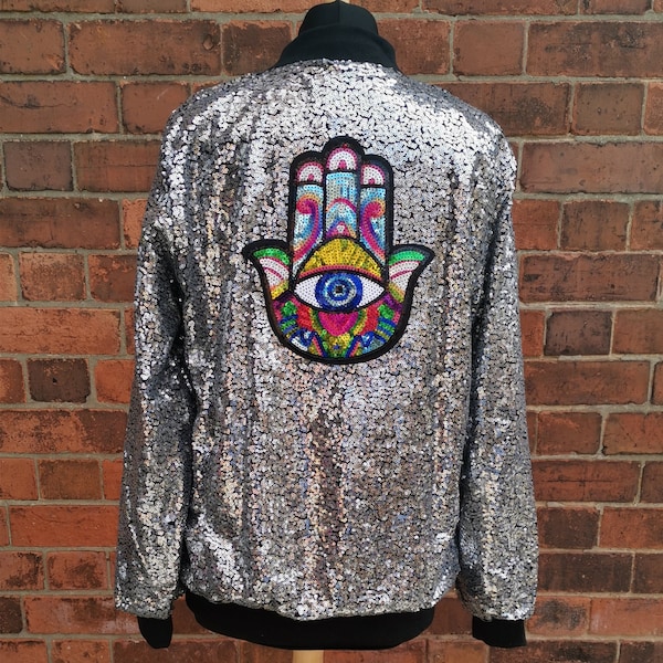 Silver Sequin Jacket with Sequin Hamza Hand Festival Clothing UK outfit