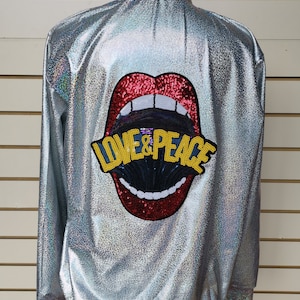 Silver Holographic Jacket with Sequin Love & Peace Motiv Festival outfit