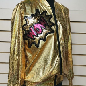 Gold Holographic Jacket with Sequin Covered &#39;Wow&#39; Motiv Ideal for Festivals Gigs and Celebrations
