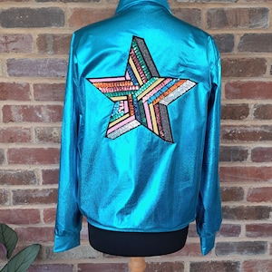 Turquoise Blue Holographic Jacket with Sequin Sequin Star Festival Clothing UK Outfit