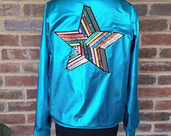 Turquoise Blue Holographic Jacket with Sequin Sequin Star Festival Clothing UK Outfit
