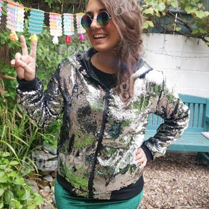 Silver Sequin Hoodie Bomber Jacket Festival Clothing UK Hoody Sparkly