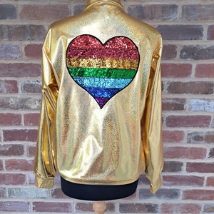 Veste holographique dorée avec cœur recouvert de paillettes, motif LGBTQ, idéale pour les festivals de fierté, les concerts et les célébrations