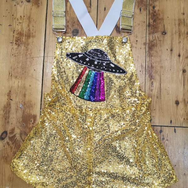 Gold Sequin Dungarees Shorts Small Size 8-10 Festival Clothing Rainbow Spaceship