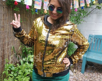 Gold Sequin Hoodie Bomber Jacket Festival Clothing UK Hoody Sparkly