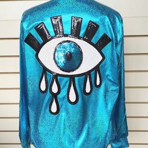 Turquoise Blue Holographic Jacket with Sequin Evil Eye Festival outfit