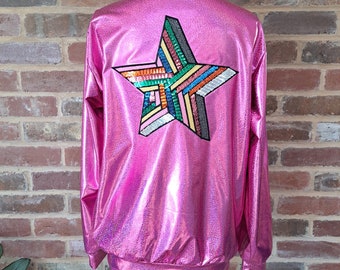 Pink Holographic Jacket with Sequin Sequin Star Festival Clothing UK Outfit