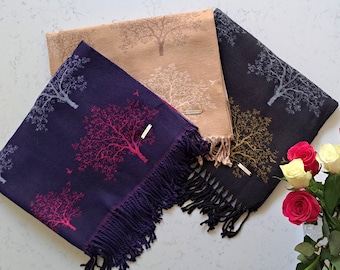 Ladies Scarf Tree of Life Two Tone with Tassels Shawl Warm & Cosy Navy Beige Black