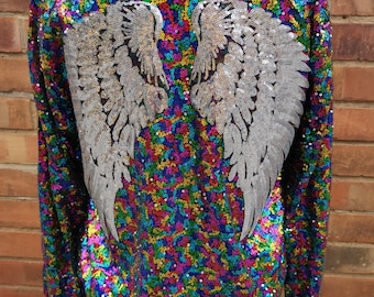 Multi Coloured Sequin Jacket with Silver Angel Wings Festival outfit Rave Disco Clothing