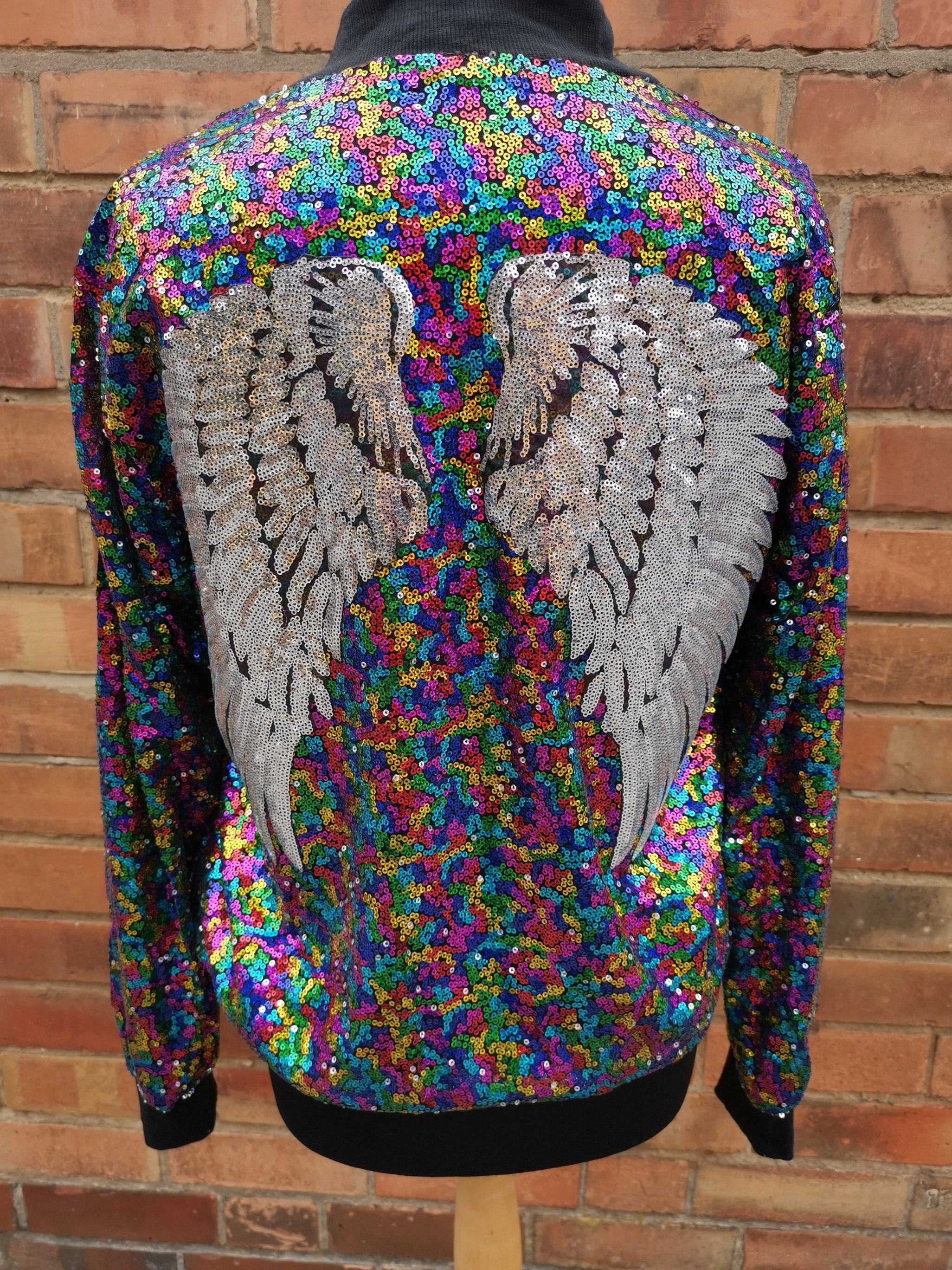 Multi Coloured Sequin Jacket With Silver Angel Wings Festival