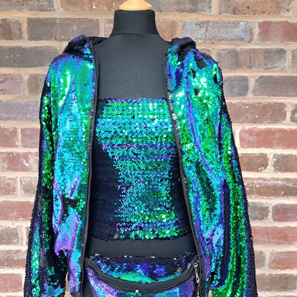 Pailletten Kapuze Bomberjacke Set mit Bandeau-Top & Pailletten Bumbag Festival Kleidung UK Hoody Grün Blau Mermaid Sparkly