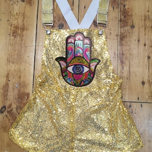 Gold Sequin Dungarees Shorts Festival Clothing Hamza Hand Boho Clothing