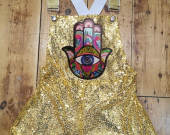 Gold Sequin Dungarees Shorts Festival Clothing Hamza Hand Boho Clothing