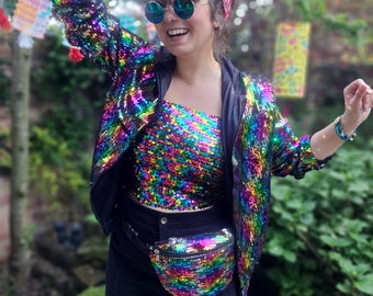Multi Coloured Festival Sequin Hooded Bomber Jacket Set With Bandeau Top & Sequin Bumbag Pride Clothing UK Hoody Sparkly