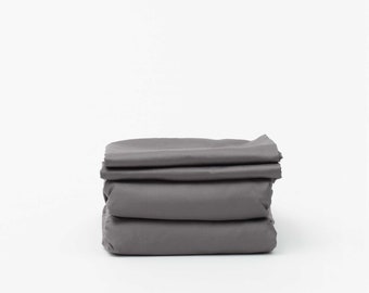 Super SOFT Dark Grey Cotton TWIN Size Bedding Set, Twin Size Sateen Finish Sheets x 2 & Pillows Set, Premium European Cotton Fitted Sheet