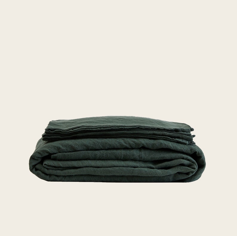 100% Linen Bedding Sheet Set in Dark Green 5 Pieces Soft Washed Organic European Flax Fitted Sheet Flat Sheet 2 Pillowcases Free Shipping Taiga17