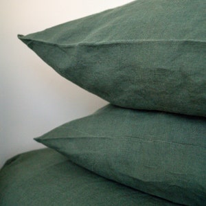 100% Linen Bedding Sheet Set in Dark Green 5 Pieces Soft Washed Organic European Flax Fitted Sheet Flat Sheet 2 Pillowcases Free Shipping image 4