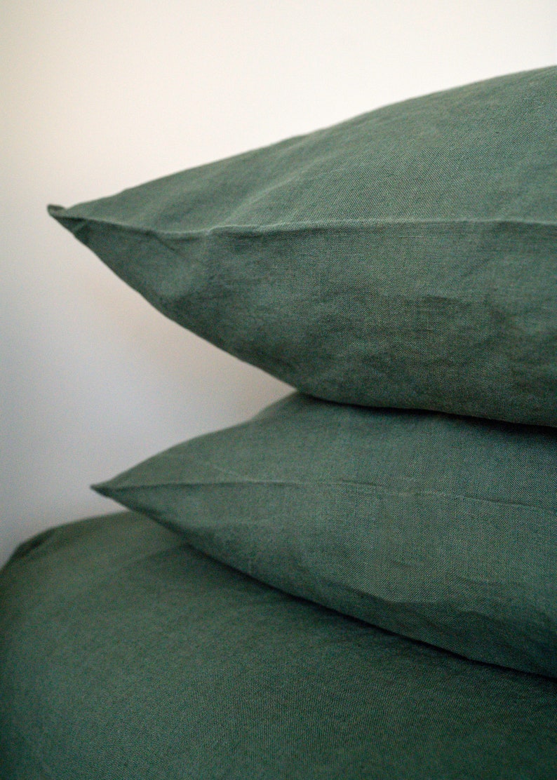 100% Linen Bedding Sheet Set in Dark Green 5 Pieces Soft Washed Organic European Flax Fitted Sheet Flat Sheet 2 Pillowcases Free Shipping image 4