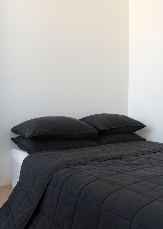 100% Linen Quilted Duvet/Bedspread, in Charcoal color, Stonewashed Linen Full/Queen or King, Soft, warm blanket, Winter/Summer, Bed Cover