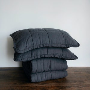 May include: A stack of three dark grey quilted throw pillows with a ruffled edge.