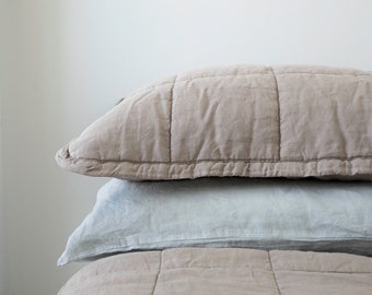 100% Linen Quilted Pillow Covers Shams set of 2 in Taupe color, Stonewashed Linen Quilted Shams, Standard size 20.5" x 26.5", Envelope Style