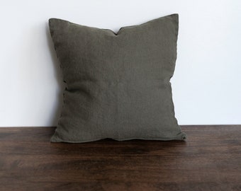 100% Linen Cushion Cover with zipper in Olive Green Washed decorative sofa sham square pillowcase crafted in Portugal 20"x20"