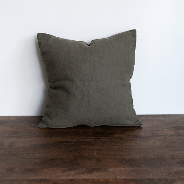 100% Linen Cushion Cover with zipper in Olive Green Washed decorative sofa sham square pillowcase crafted in Portugal 20"x20"