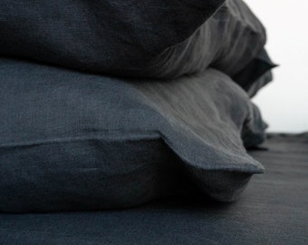 100% European Linen Sheet 4 pcs Set, Full size, in Charcoal, Naturally Washed, Flat, Fitted Sheets & 2 Pillowcases Linen Bedding