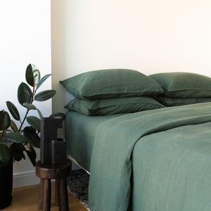 100% Linen Bedding Sheet Set in Dark Green 5 Pieces Soft Washed Organic European Flax Fitted Sheet Flat Sheet 2 Pillowcases Free Shipping image 2