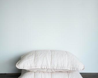 100% Linen Quilted Pillow Covers set of 2 in Beige color, Stonewashed Linen Quilted Shams, Standard size 20.5" x 26.5", Free Shipping US/CA