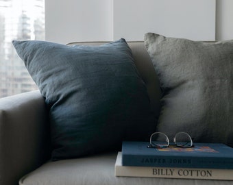 100% Linen Cushion cover with zipper Dark Grey decorative pillow cover Linen sofa pillow shams Throw pillowcase 20"x20" crafted in Portugal