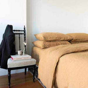 Juego de sábanas 100 % lino (4 piezas), lavado a máquina, lino orgánico europeo, sábanas planas, sábanas ajustables y 2 fundas de almohada, tamaño King, Queen, Full y Twin.