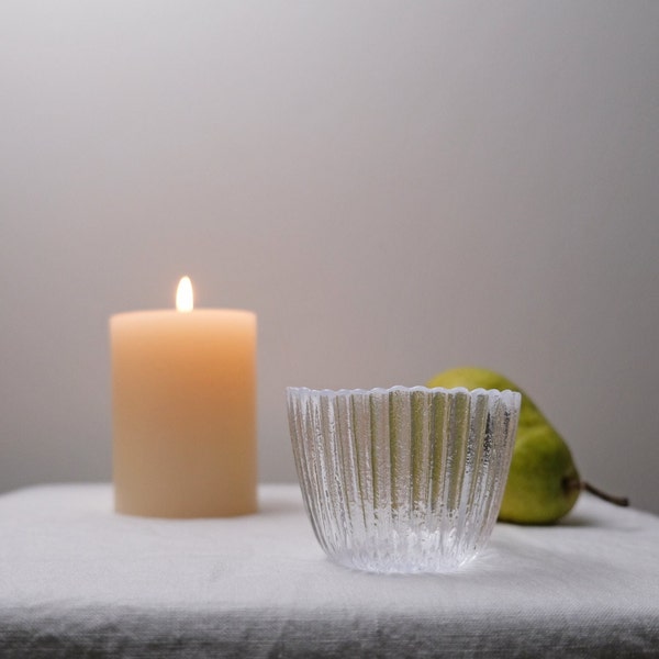 Hand Made Japanese Glass bowl, Ribbed Glass, Minimalist Design. Hand Finished Decor Accessories. Tableware Decoration.