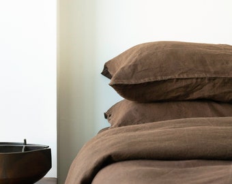 Linen Duvet Cover Set, 100% Organic European Flax Dark Brown Bedding, Garment Washed, Wabi-Sabi Linen Duvet/Comforter Cover & 2 Pillowcases.