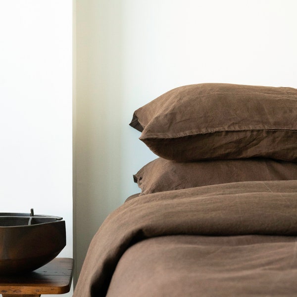 Linen Duvet Cover Set, 100% Organic European Flax Dark Brown Bedding, Garment Washed, Wabi-Sabi Linen Duvet/Comforter Cover & 2 Pillowcases.