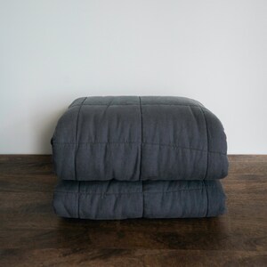 May include: A dark grey quilted blanket folded in half on a wooden surface.
