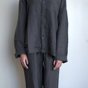 100% Organic Linen Pajama set Unisex fit sleepwear very Comfortable StoneWashed long sleeve home-wear crafted in Portugal Ships Free from US Charcoal